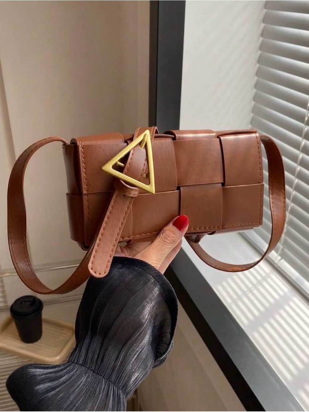 Woven Crossbody Bag with Gold Triangle Buckle in Brown